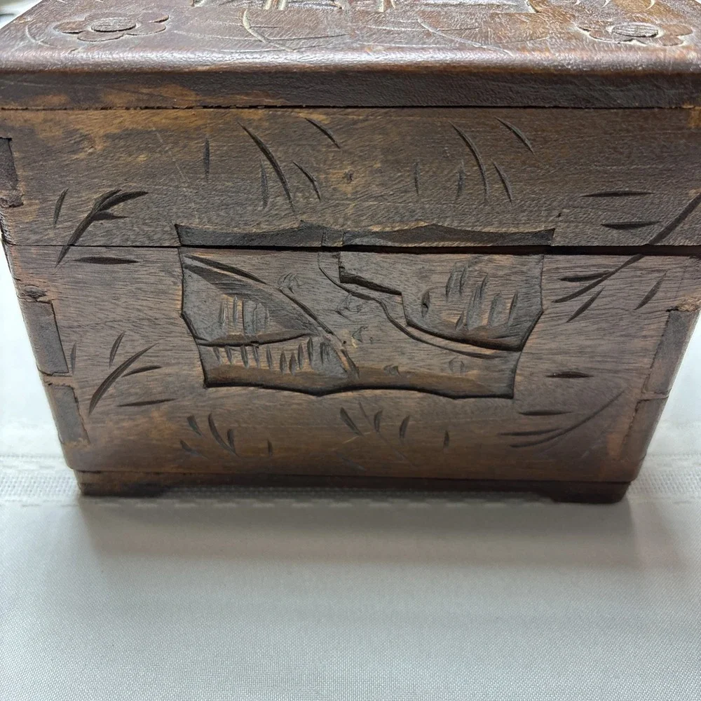 Ornate Asian Vintage / Antique Carved Wooden Chinese Chest / Box